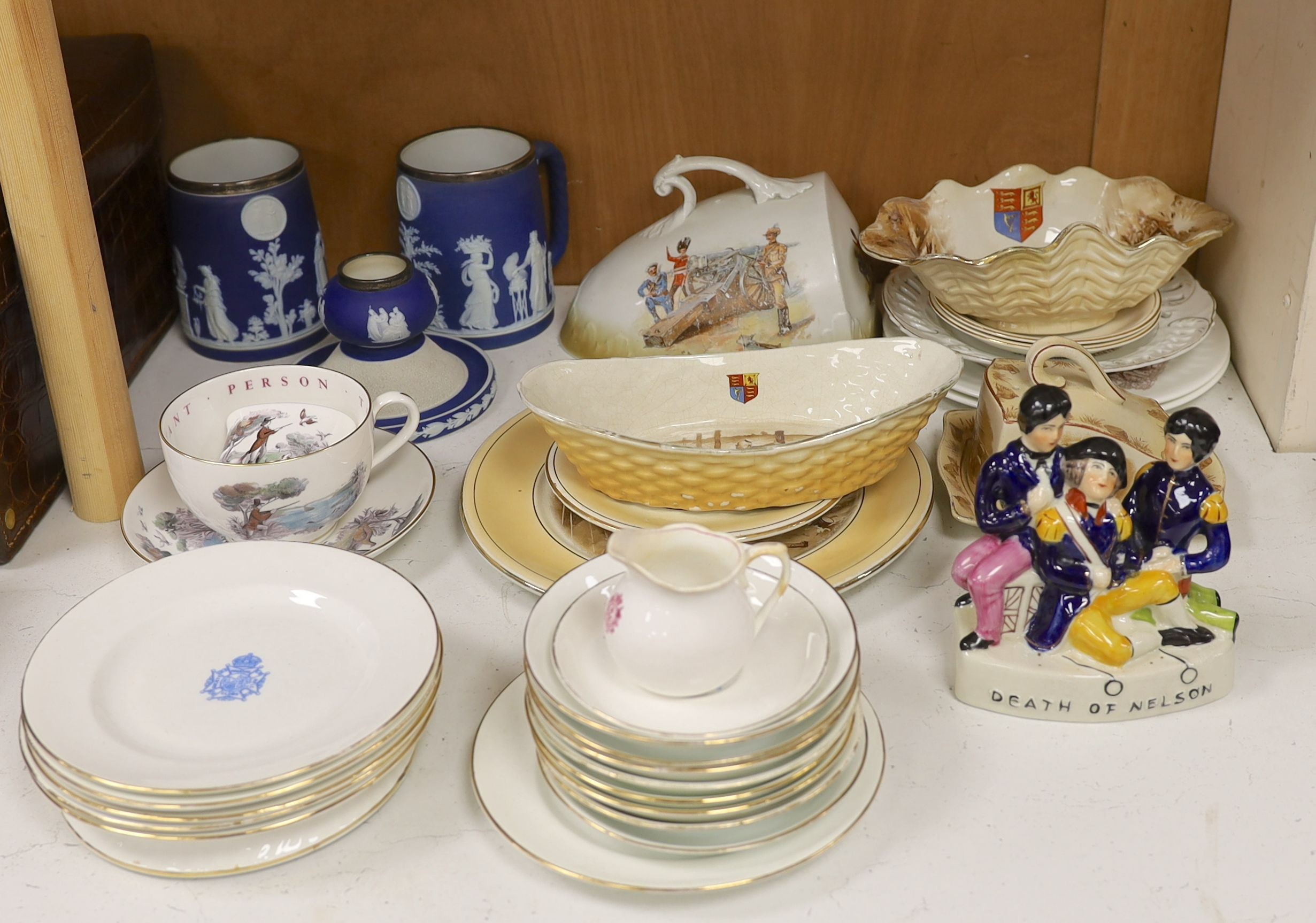 A pair of silver-mounted Wedgwood Blue Jasper rifle trophy mugs, Bruce Bairnsfather tableware, Miniature Rifle Clubs Society teaware etc.